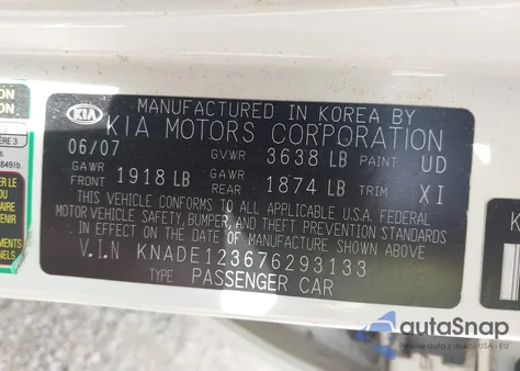 2007 Kia Rio Lx z USA, uszkodzony, nr VIN KNADE123676293133